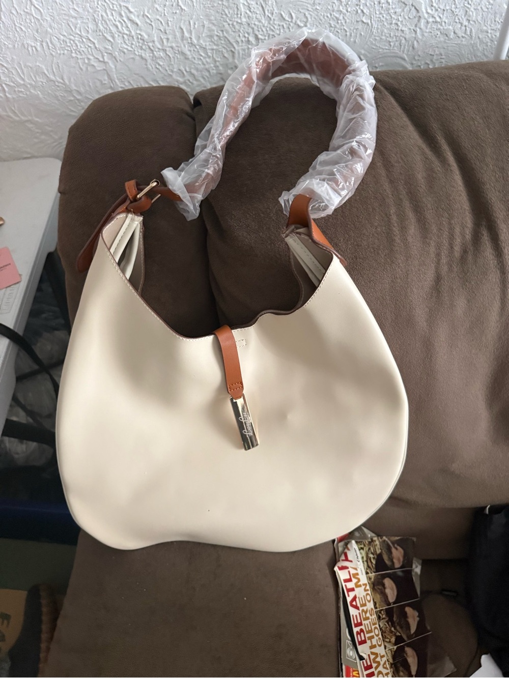 Cream Shoulder Hobo Bag with Tan Trim